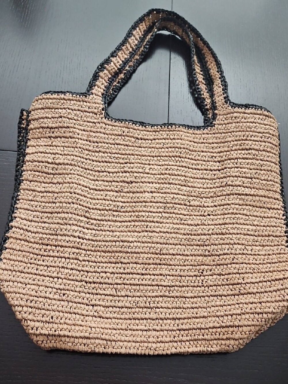 Raffia Satchel Tote in Tan with Black Trim and Gold Logo-Designer Inspired - Picture 4 of 10